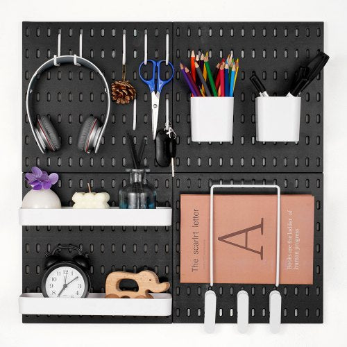 Pegboard Combination Kit, 11" x 11" Plastic Pegboard, 4 Panels, Peg Board Wall Organizer Kit with Accessories, for Garage Tool Storage Kitchen Living Room Craft Room Office Bathroom Home, Black