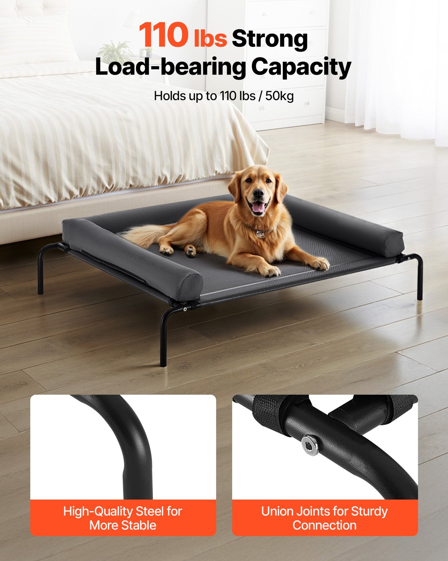 Elevated Dog Bed for Large Dogs, Portable Raised Dog Cot with Washable Pillow, Indoor & Outdoor Pet Cooling Raised Hammock Bed with Steel Metal Frame and Breathable Teslin Mesh, XL, Gray
