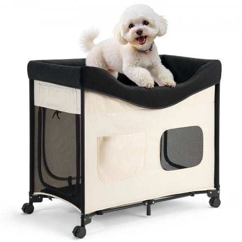 Elevated Lounge Pet Bed, Foldable Bunk Dog Bed with 600D Oxford Cloth and Dutch Velvet, Portable Raised Cot with Wheels, Side Storage Bags, and Carry Bag for Cats & Dogs, L, Beige