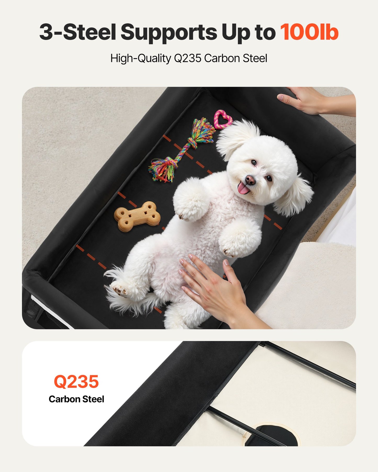 Elevated Lounge Pet Bed, Foldable Bunk Dog Bed with 600D Oxford Cloth and Dutch Velvet, Portable Raised Cot with Wheels, Side Storage Bags, and Carry Bag for Cats & Dogs, L, Beige