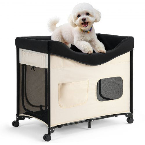 Elevated Lounge Pet Bed, Foldable Bunk Dog Bed with 600D Oxford Cloth and Dutch Velvet, Portable Raised Cot with Wheels, Side Storage Bags, and Carry Bag for Cats & Dogs, XL, Beige
