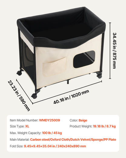 Elevated Lounge Pet Bed, Foldable Bunk Dog Bed with 600D Oxford Cloth and Dutch Velvet, Portable Raised Cot with Wheels, Side Storage Bags, and Carry Bag for Cats & Dogs, XL, Beige