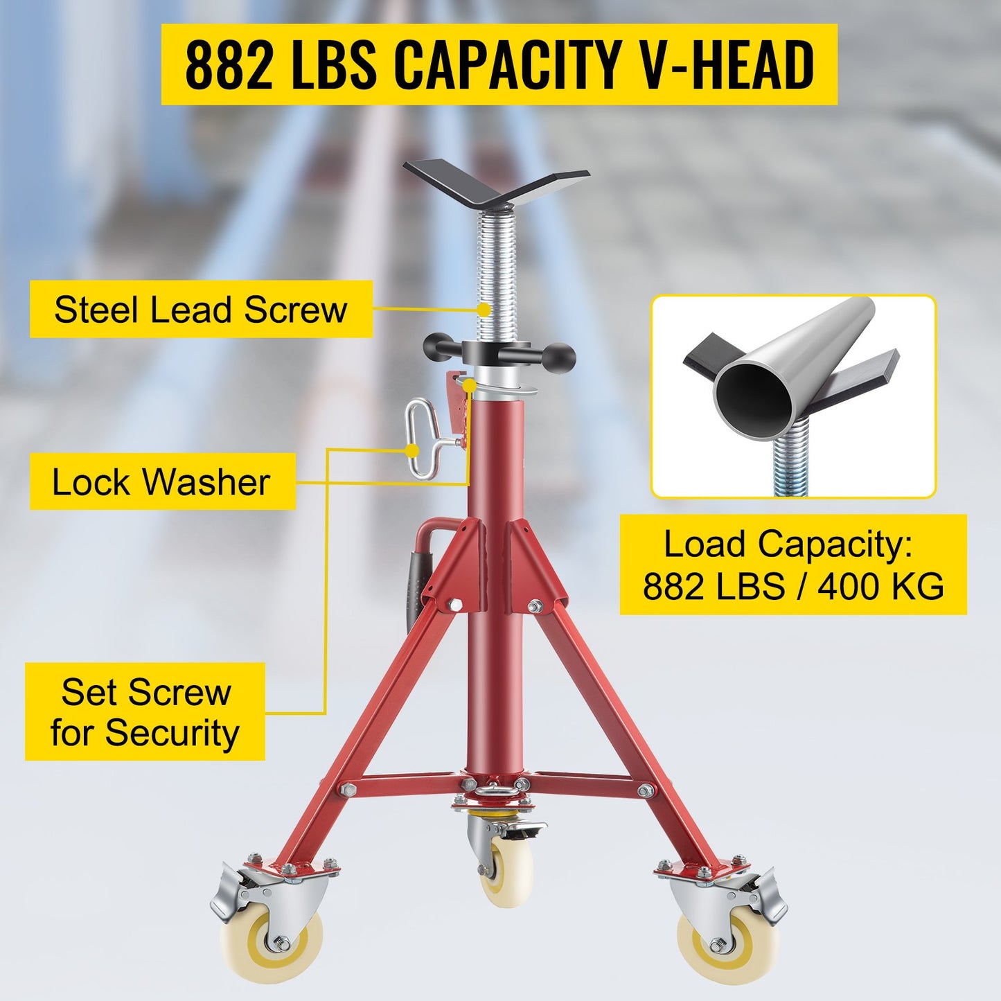 Pipe Stand, Pipe Jack Stand, V Head Pipe Stand Adjustable Height 71.12-132.08 cm, Pipe Jack Stands with Casters 400.1 kg, Folding Portable Pipe Stands 0.3175 to 30.48 cm Pipe Supporting, Steel Jack Stand