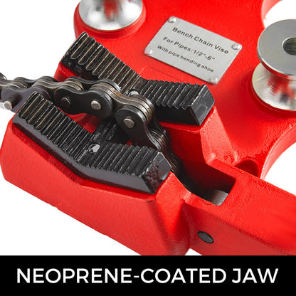 Screw Bench Chain Vise 1/8 to 5-Inch Pipe Capacity, Heavy Duty Bench Chain Pipe Vise with Crank Handle, Neoprene-Coated Jaw, Cast Iron Material Ideal for a Variety of Pipes