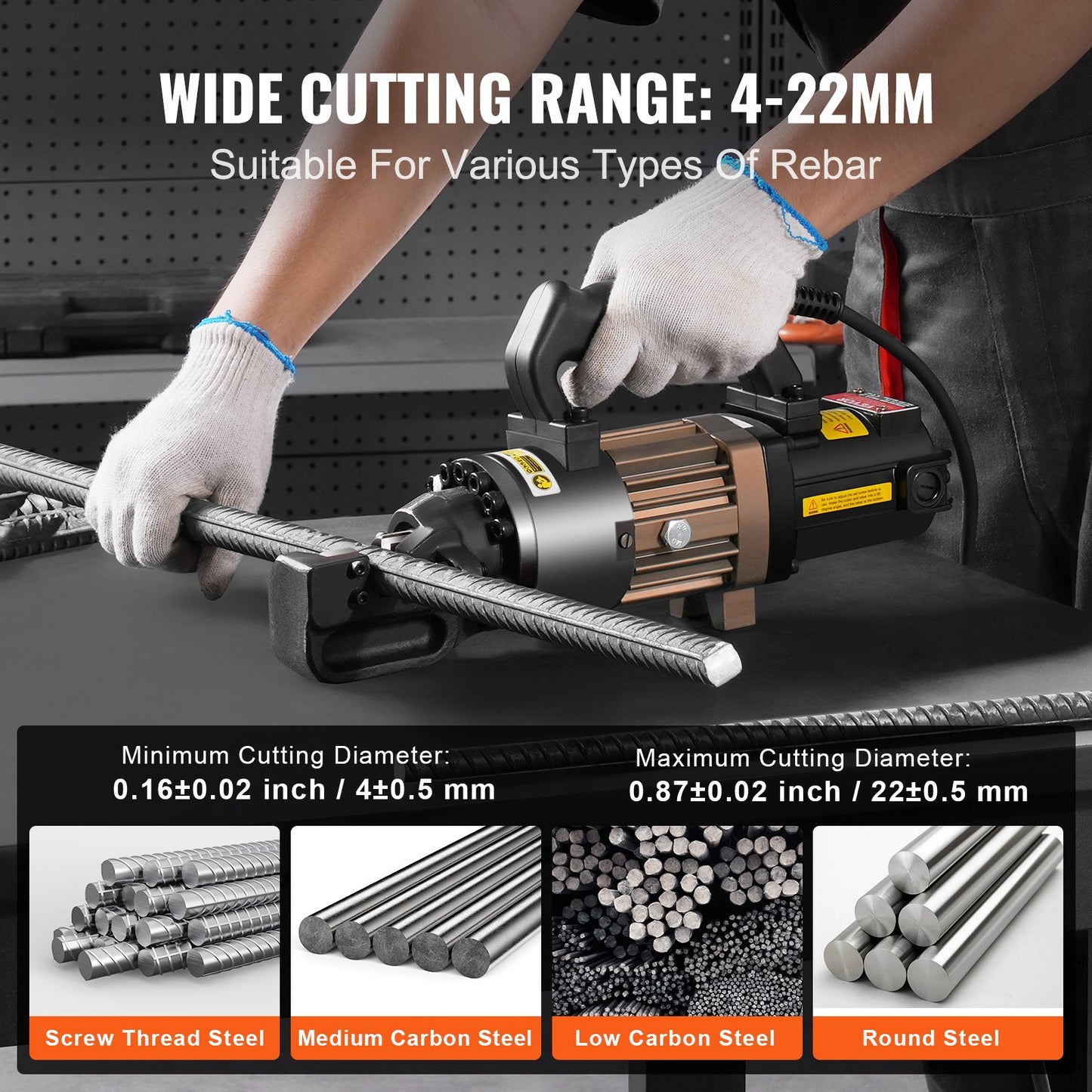 Elektrisk hydraulisk armeringsskärare, 1500W bärbar armeringsskärare, skär upp till 7/8 tum #7 4-22 mm armeringsjärn inom 2,5 sekunder, högpresterande stålarmeringsskärare med oljekanna och tillbehör, svart RC-22