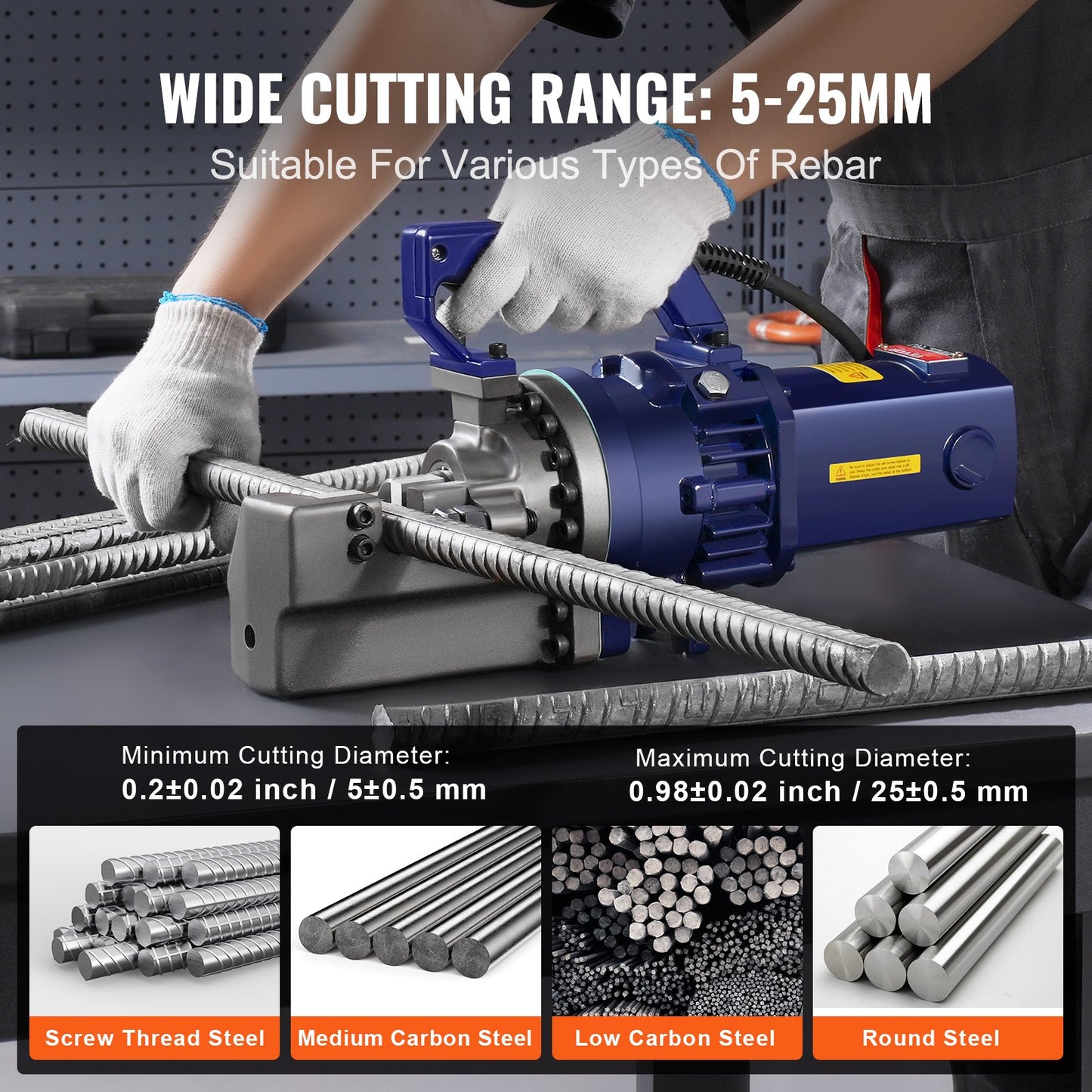 Electric Hydraulic Rebar Cutter, 1700W Portable Rebar Cutter, Cutting up to 1 Inch #8 (5-25mm) Rebar within 4 Seconds, High Power Steel Rebar Cutter w/ Tool Case Oil Can,Black Blue RC-25