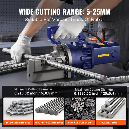 Electric Hydraulic Rebar Cutter, 1700W Portable Rebar Cutter, Cutting up to 1 Inch #8 (5-25mm) Rebar within 4 Seconds, High Power Steel Rebar Cutter w/ Tool Case Oil Can,Black Blue RC-25