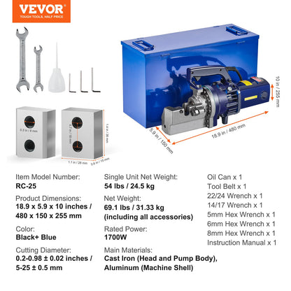 Electric Hydraulic Rebar Cutter, 1700W Portable Rebar Cutter, Cutting up to 1 Inch #8 (5-25mm) Rebar within 4 Seconds, High Power Steel Rebar Cutter w/ Tool Case Oil Can,Black Blue RC-25