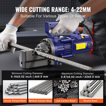 Electric Hydraulic Rebar Cutter, 1350W Portable Rebar Cutter, Cutting up to 7/8 Inch #7 (4-22mm) Rebar within 3.5 Seconds, High Power Steel Rebar Cutter w/ Tool Case Oil Can,Black Blue RC-22