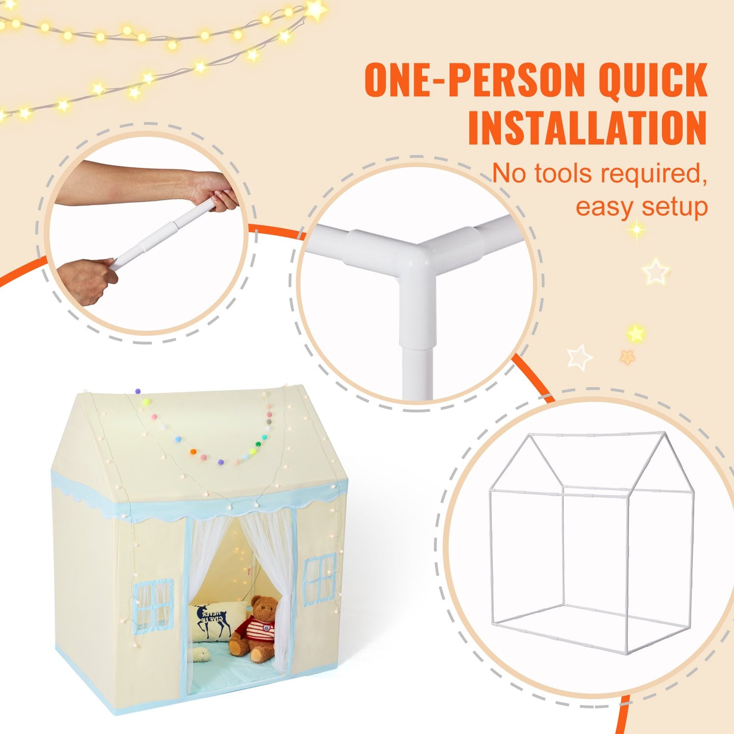 Lektält för barn, barntält för barn 1-5 år, småbarnstält med matta och tältlampa, tält för barn med fönster för inomhus- och utomhusbruk, lekhus/borgstält för pojkar och flickor, beige