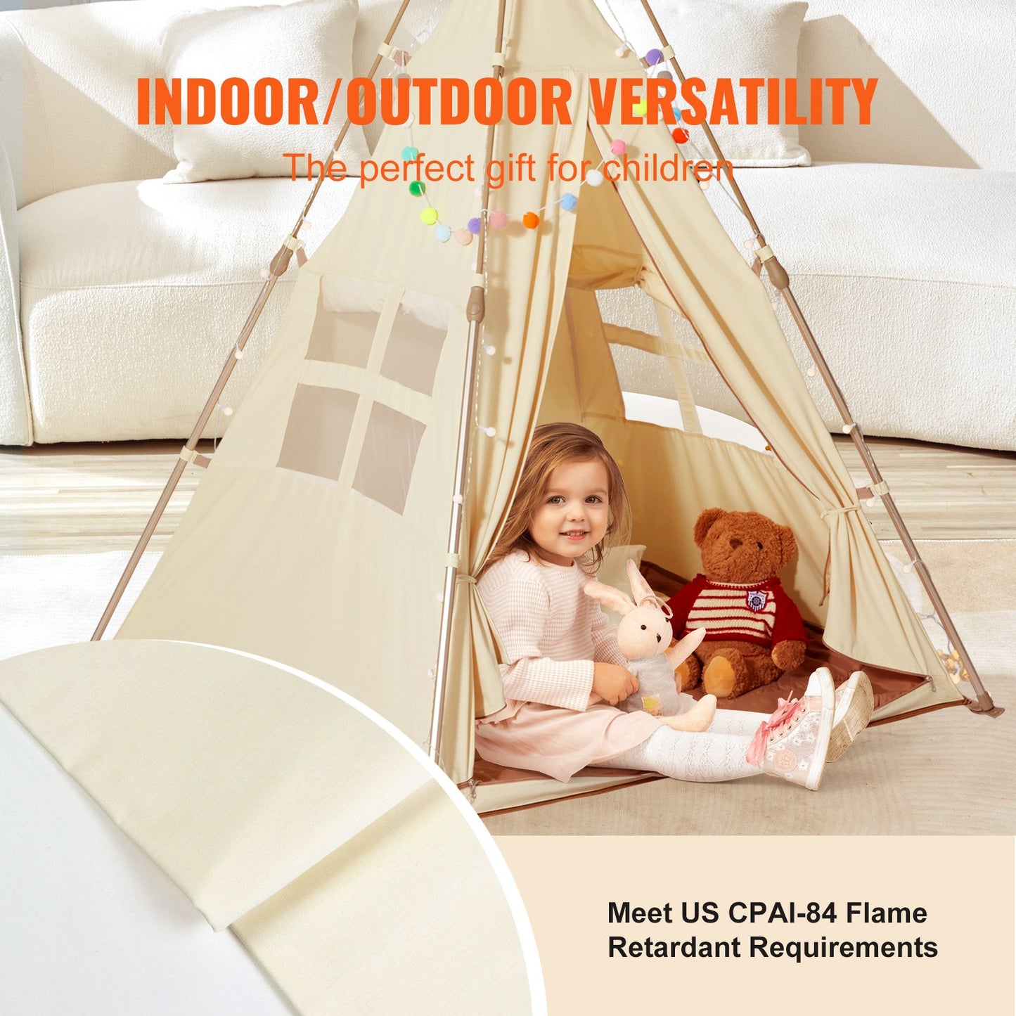 Kids Play Tent, Teepee Tent for Kids 1-5 Years Old, Foldable Toddler Tent with Mat and Carrying Bag, Tent for Kids with Windows for Indoor and Outdoor, Kids Tent for Boys and Girls, Beige