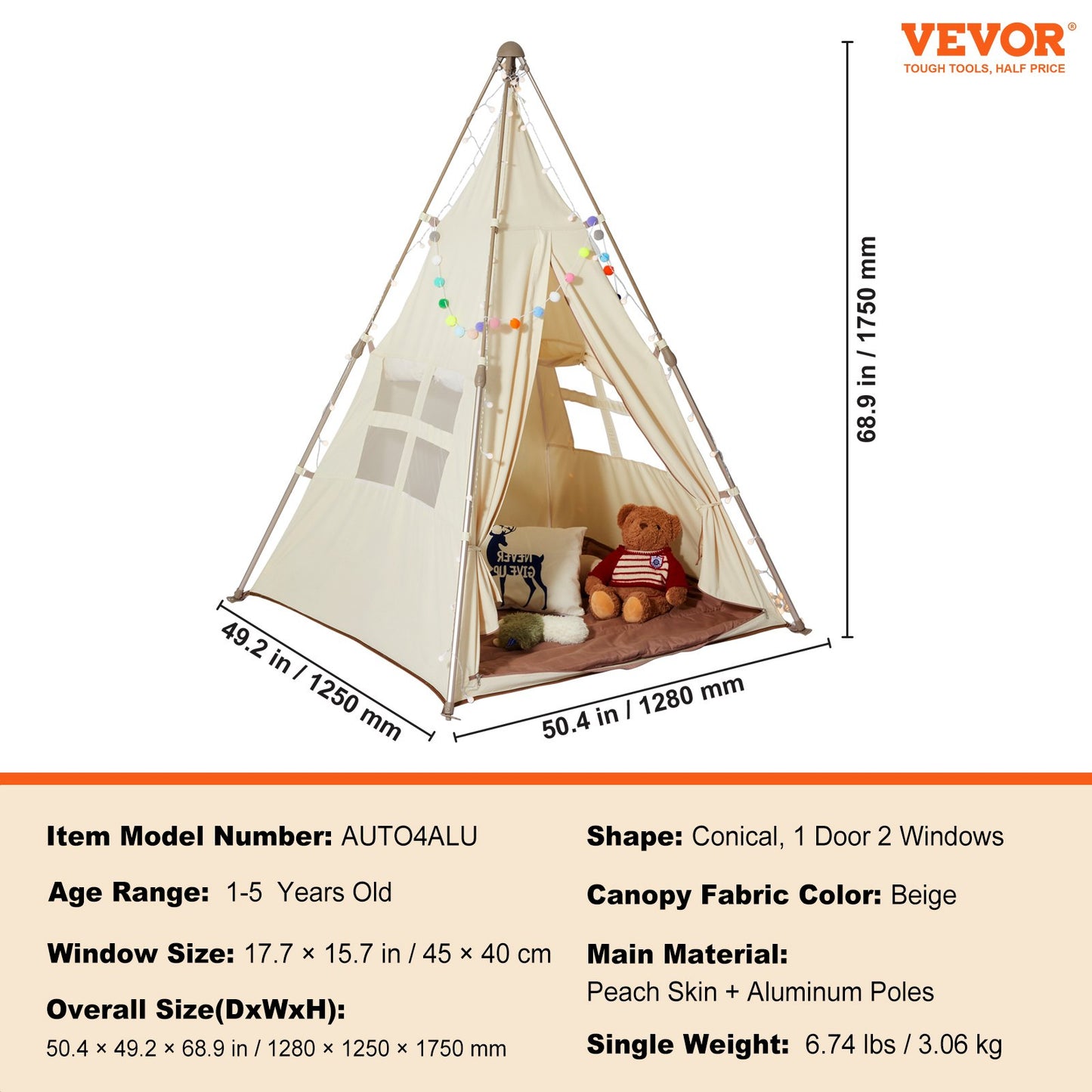 Kids Play Tent, Teepee Tent for Kids 1-5 Years Old, Foldable Toddler Tent with Mat and Carrying Bag, Tent for Kids with Windows for Indoor and Outdoor, Kids Tent for Boys and Girls, Beige