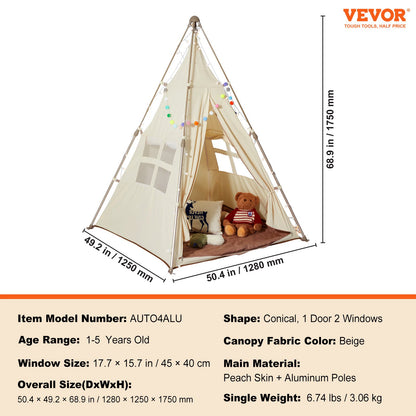Kids Play Tent, Teepee Tent for Kids 1-5 Years Old, Foldable Toddler Tent with Mat and Carrying Bag, Tent for Kids with Windows for Indoor and Outdoor, Kids Tent for Boys and Girls, Beige