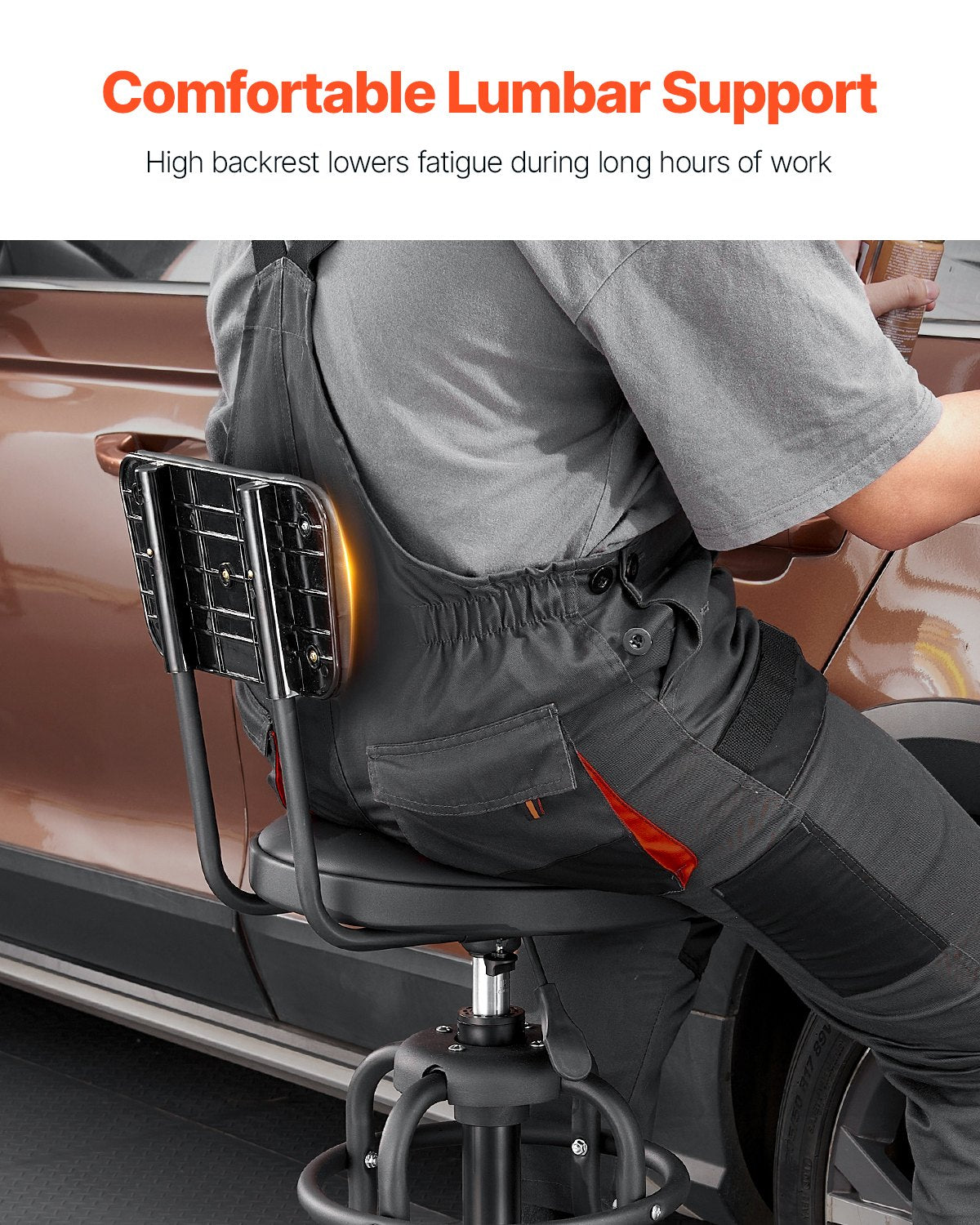 Shop Stool with Backrest, Pneumatic Garage Seat/Work Stool with 300 lbs Capacity, Adjustable Height Roller Creeper Seat, 360° Swivel Padded Workshop Stool, for Garage, Shop & Auto Repair, Black