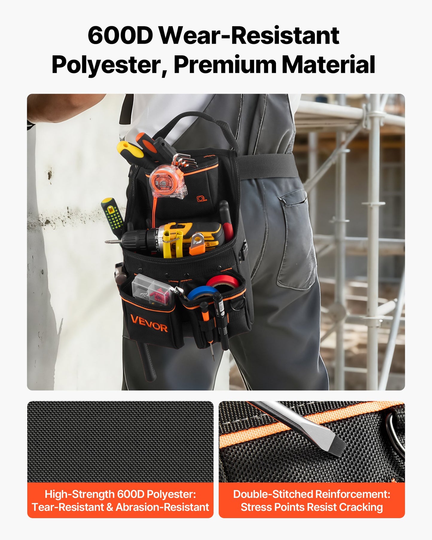 Tool Pouch with Belt, 14 Pockets Professional Tool Belt Pouch for Men, Heavy Duty Detachable Adjustable Utility Work Bag for Electrician, Carpenter, Construction, Adjusts Waist 83 cm to 127 cm