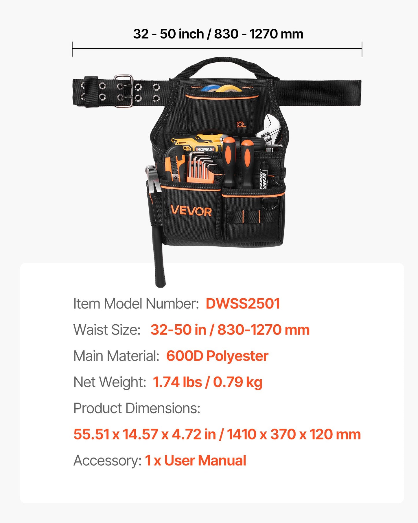 Tool Pouch with Belt, 14 Pockets Professional Tool Belt Pouch for Men, Heavy Duty Detachable Adjustable Utility Work Bag for Electrician, Carpenter, Construction, Adjusts Waist 83 cm to 127 cm