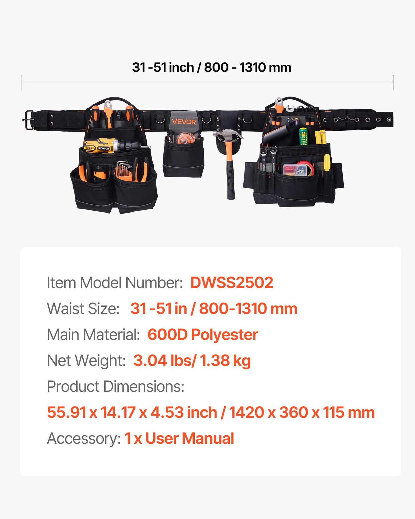 Tool Belt, 18 Pockets Professional Tool Pouch for Men, Heavy Duty Adjustable Utility Belt Detachable Work Bag for Electrician, Carpenter, Construction, Work Apron Organizer, Adjusts 80-131 cm