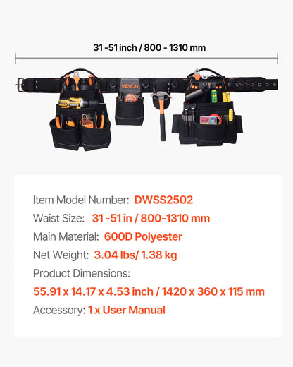 Tool Belt, 18 Pockets Professional Tool Pouch for Men, Heavy Duty Adjustable Utility Belt Detachable Work Bag for Electrician, Carpenter, Construction, Work Apron Organizer, Adjusts 80-131 cm