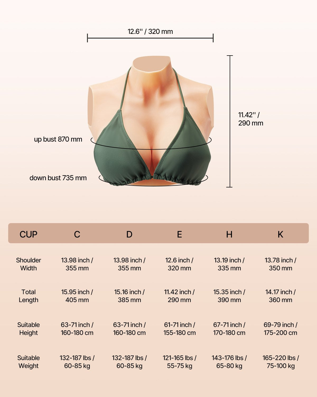 Silicone Breastplate, E-Cup High Neckline Fake Breasts for Crossdressers, Realistic Silicone-Filled Fake Boobs Breast Forms for Transgender Cosplay Drag Queen, Ivory