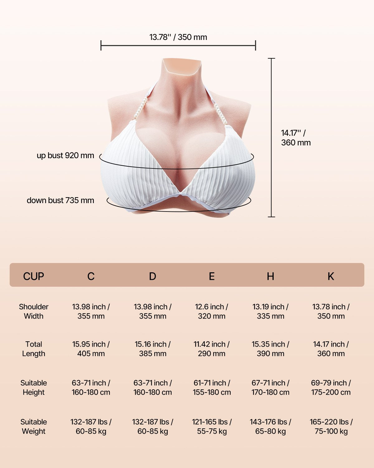 Silicone Breastplate, K Sized High Neckline Fake Breasts for Crossdressers, Realistic Silicone-Filled Fake Boobs Breast Forms for Transgender Cosplay Drag Queen, Ivory
