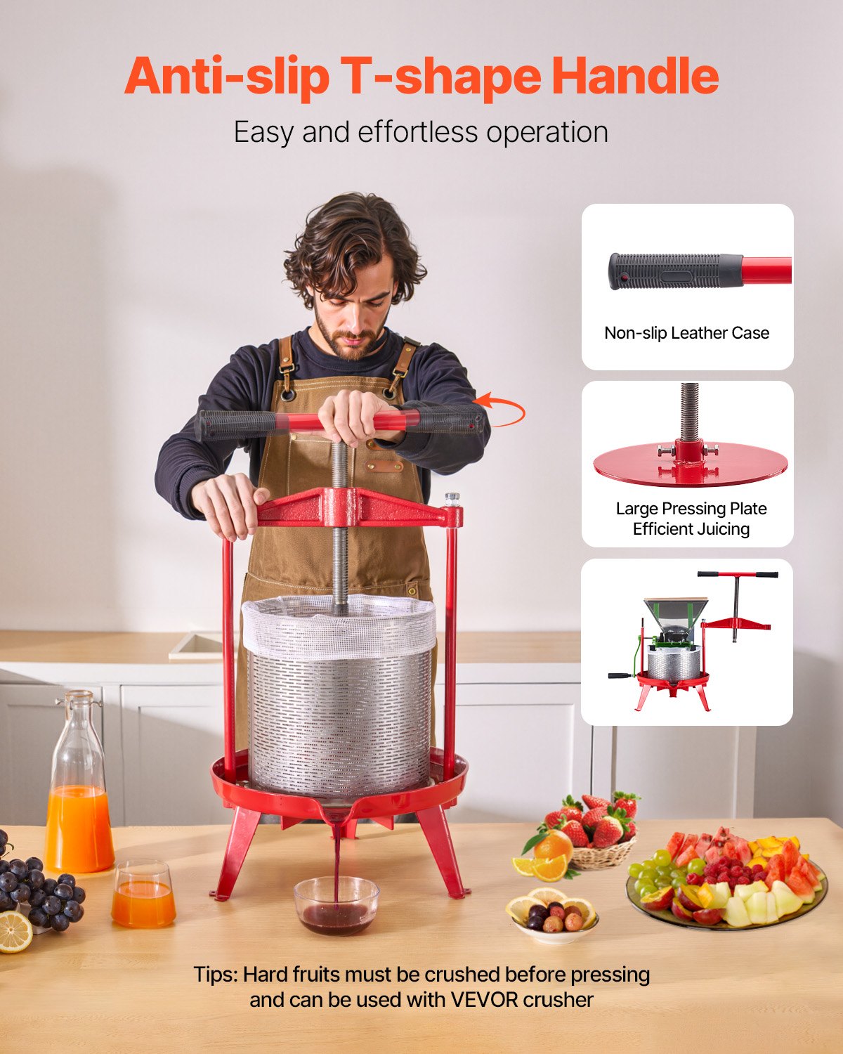 3,69 gal/14 l fruktvinpress, korg i rostfritt stål med tvärbalk och triangulär struktur, manuell juicepress, cider-, äppel- och druvtinkturpress med T-handtag för kökshem