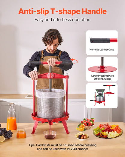 3,69 gal/14 l fruktvinpress, korg i rostfritt stål med tvärbalk och triangulär struktur, manuell juicepress, cider-, äppel- och druvtinkturpress med T-handtag för kökshem