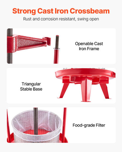 2,38 gal/9 l fruktvinpress, korg i rostfritt stål med tvärbalk och triangulär struktur, manuell juicepress, cider-, äppel- och druvtinkturpress med T-handtag för kökshem