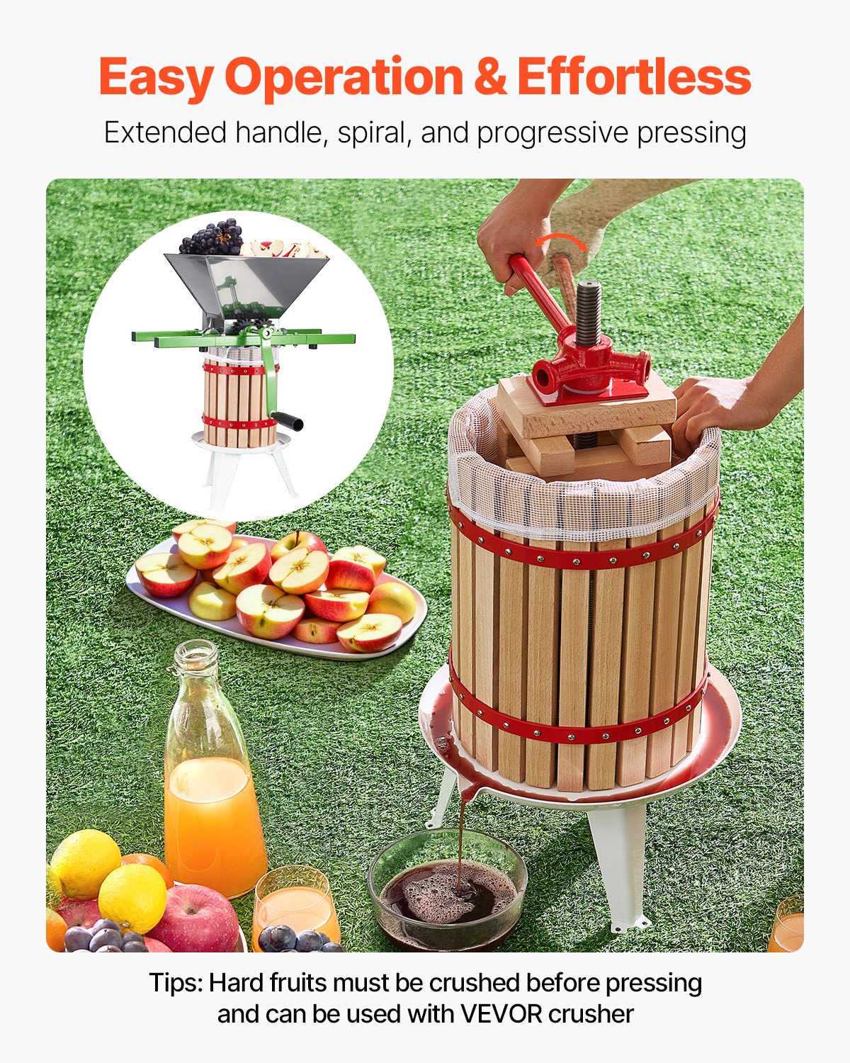 18 liters fruktvinpress, massiv träkorg med 8 block, kraftig manuell juicemaskin, cider-äpple-druvtinktur-honung-olivoljepress med handtag för kök, hem
