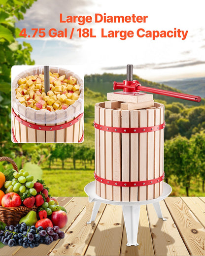 18 liters fruktvinpress, massiv träkorg med 8 block, kraftig manuell juicemaskin, cider-äpple-druvtinktur-honung-olivoljepress med handtag för kök, hem