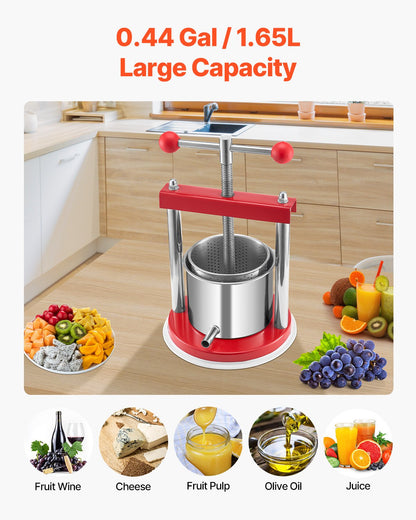 0,44 gal/1,65 l fruktvinpress, 2 fat i rostfritt stål, manuell juicemaskin, cider-äpple-druvtinktur-honung-olivoljepress med T-handtag för utekök