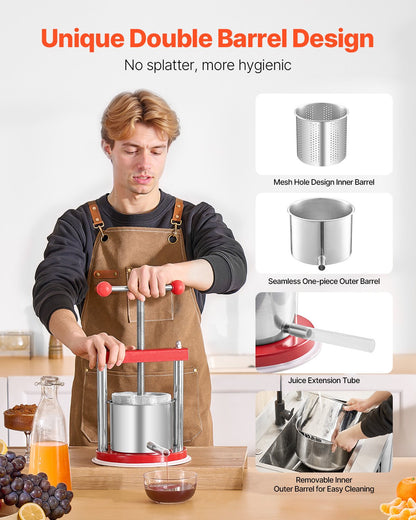 0,44 gal/1,65 l fruktvinpress, 2 fat i rostfritt stål, manuell juicemaskin, cider-äpple-druvtinktur-honung-olivoljepress med T-handtag för utekök