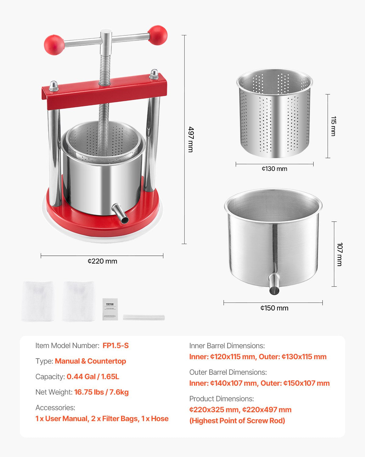 0,44 gal/1,65 l fruktvinpress, 2 fat i rostfritt stål, manuell juicemaskin, cider-äpple-druvtinktur-honung-olivoljepress med T-handtag för utekök