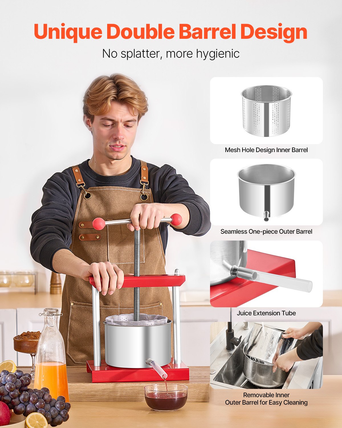 0,8 gal/3 l fruktvinpress, 2 fat i rostfritt stål, manuell juicepress, cider-äpple-druvtinktur-honung-olivoljepress med T-handtag för utekök