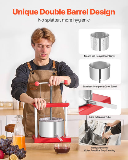 0,8 gal/3 l fruktvinpress, 2 fat i rostfritt stål, manuell juicepress, cider-äpple-druvtinktur-honung-olivoljepress med T-handtag för utekök