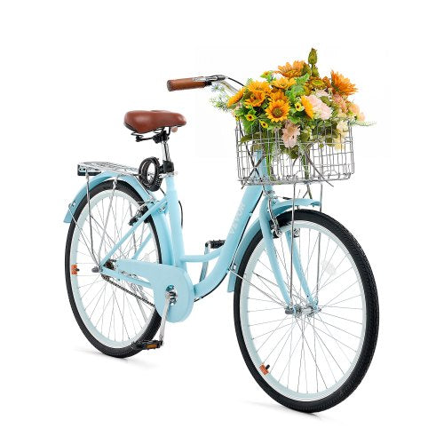 Cruisercykel, 1-växlad, 26-tums ljusblå strandcruisercykel med stor korg och bakre pakethållare, säker och robust cruisercykel med justerbar sadel, passar för cykling, träning och shopping