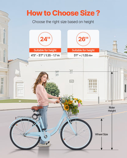 Cruisercykel, 1-växlad, 26-tums ljusblå strandcruisercykel med stor korg och bakre pakethållare, säker och robust cruisercykel med justerbar sadel, passar för cykling, träning och shopping