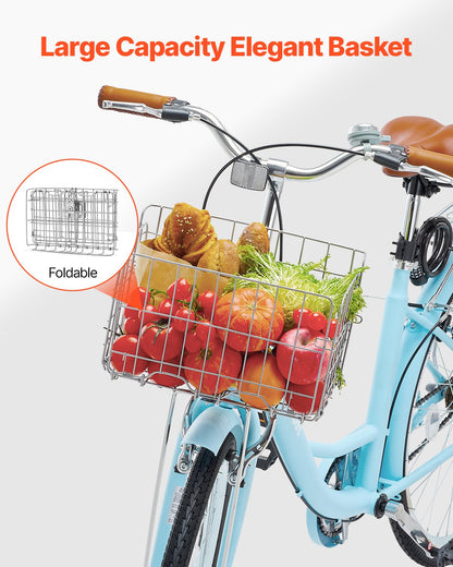 Cruisercykel, 1-växlad, 26-tums ljusblå strandcruisercykel med stor korg och bakre pakethållare, säker och robust cruisercykel med justerbar sadel, passar för cykling, träning och shopping