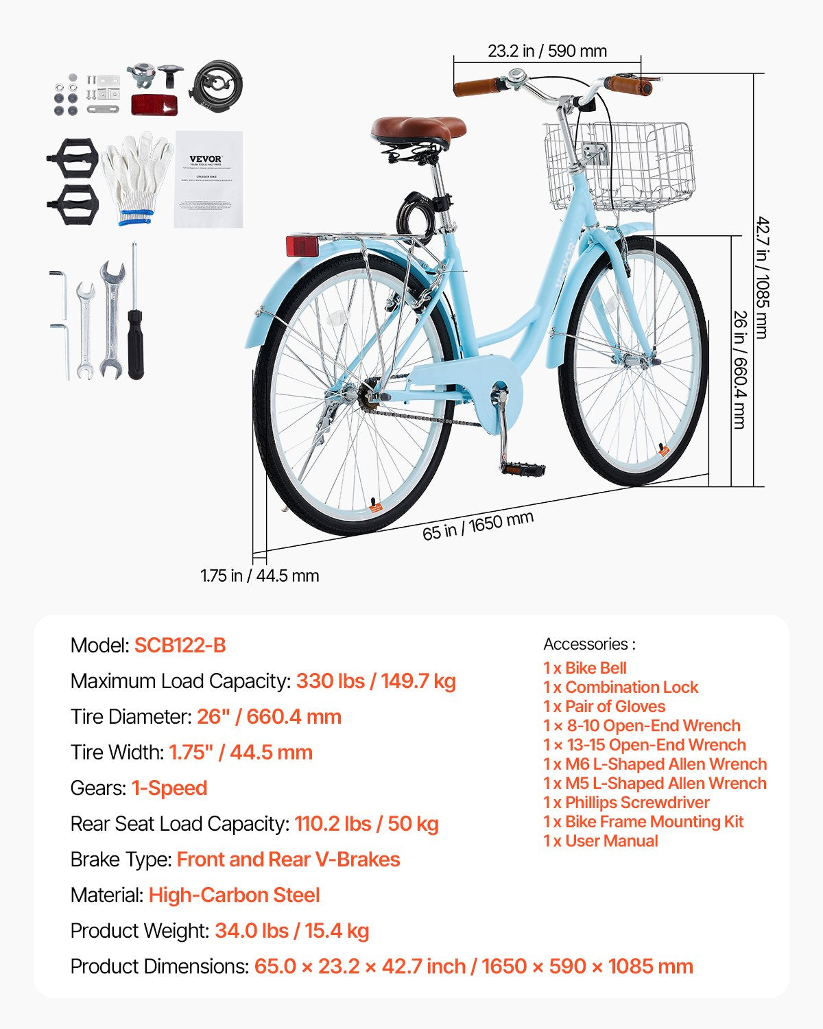 Cruisercykel, 1-växlad, 26-tums ljusblå strandcruisercykel med stor korg och bakre pakethållare, säker och robust cruisercykel med justerbar sadel, passar för cykling, träning och shopping