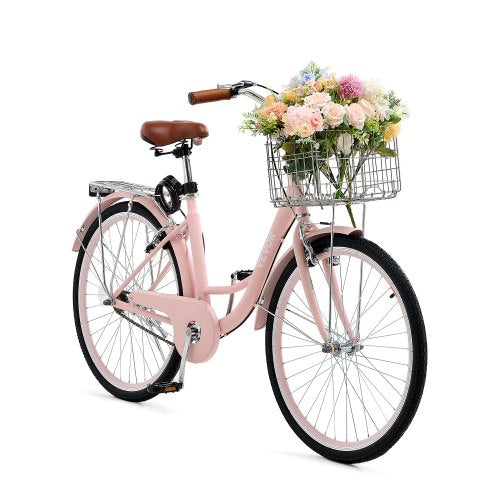 Cruisercykel, 1-växlad, 26-tums rosa strandcruisercykel med stor korg och bakre pakethållare, säker och robust cruisercykel med justerbar sadel, passar för cykling, träning och shopping