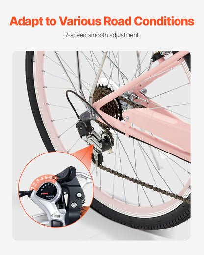 Cruiser Bike, 7-Speed, 26-Inch Pink Beach Cruiser Bike with Large Capacity Basket and Rear Rack, Secure & Sturdy Cruiser Bike with Adjustable Seat, Fits for Cycling, Exercise & Shopping