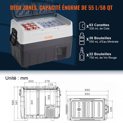 Portable Car Refrigerator Freezer Compressor 54.9 L Dual Zone for Car Home