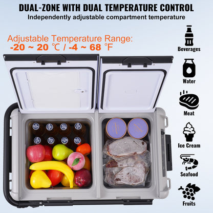 Portable Car Refrigerator, 12 Volt Car Refrigerator Fridge, 50 L / 52.8 QT Dual Zone Portable Freezer, -4℉-68℉ Adjustable Temperature, Compressor Cooler for Home, Outdoor, Camping, RV, Car