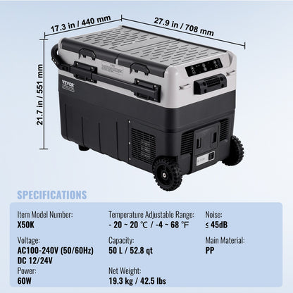 Portable Car Refrigerator, 12 Volt Car Refrigerator Fridge, 50 L / 52.8 QT Dual Zone Portable Freezer, -4℉-68℉ Adjustable Temperature, Compressor Cooler for Home, Outdoor, Camping, RV, Car