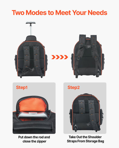 Rullande verktygsryggsäck, 110 lbs lastkapacitet, 45 fickor kraftig rullverktygsväska på hjul, justerbart teleskophandtag och stabil bas, verktygsväskeorganisatörer för bygg, mekaniker