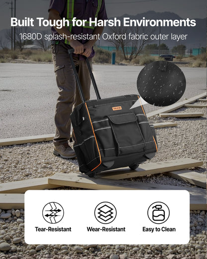 Rullande verktygsväska, 110 lbs lastkapacitet, 25 fickor kraftig rullande verktygsväska på hjul, justerbart teleskophandtag och stabil bas, verktygsväskeorganisatörer med hjul för bygg, mekaniker