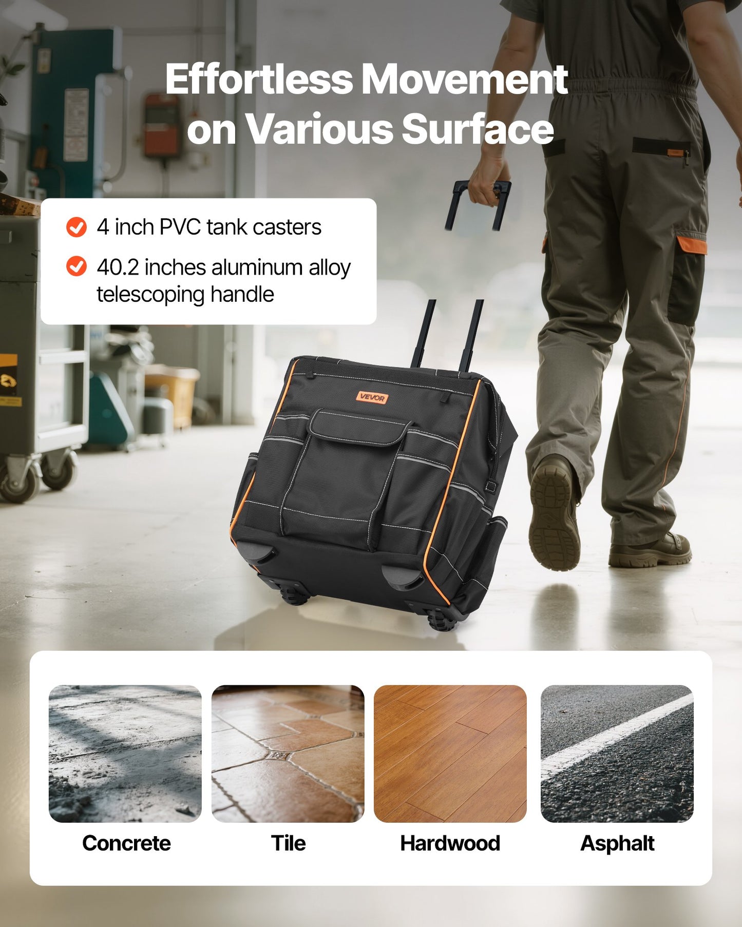 Rullande verktygsväska, 110 lbs lastkapacitet, 25 fickor kraftig rullande verktygsväska på hjul, justerbart teleskophandtag och stabil bas, verktygsväskeorganisatörer med hjul för bygg, mekaniker