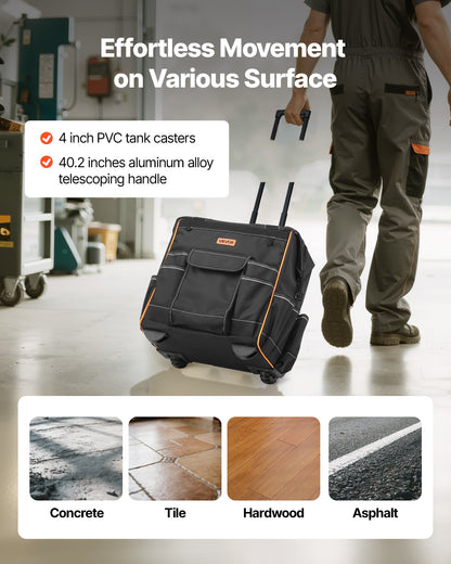 Rullande verktygsväska, 110 lbs lastkapacitet, 25 fickor kraftig rullande verktygsväska på hjul, justerbart teleskophandtag och stabil bas, verktygsväskeorganisatörer med hjul för bygg, mekaniker