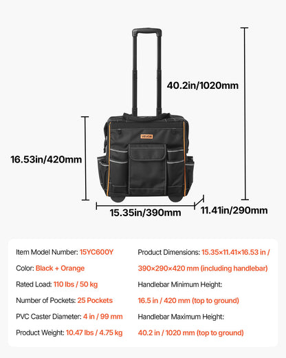 Rullande verktygsväska, 110 lbs lastkapacitet, 25 fickor kraftig rullande verktygsväska på hjul, justerbart teleskophandtag och stabil bas, verktygsväskeorganisatörer med hjul för bygg, mekaniker