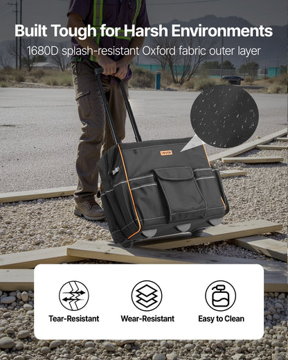 Rolling Tool Bag, 110 lbs Load Capacity, 25 Pockets Heavy Duty Roller Tool Bag with Adjustable Telescoping Handle & Stable Base, Toolbag Organizers with Wheels for Electrician, Construction