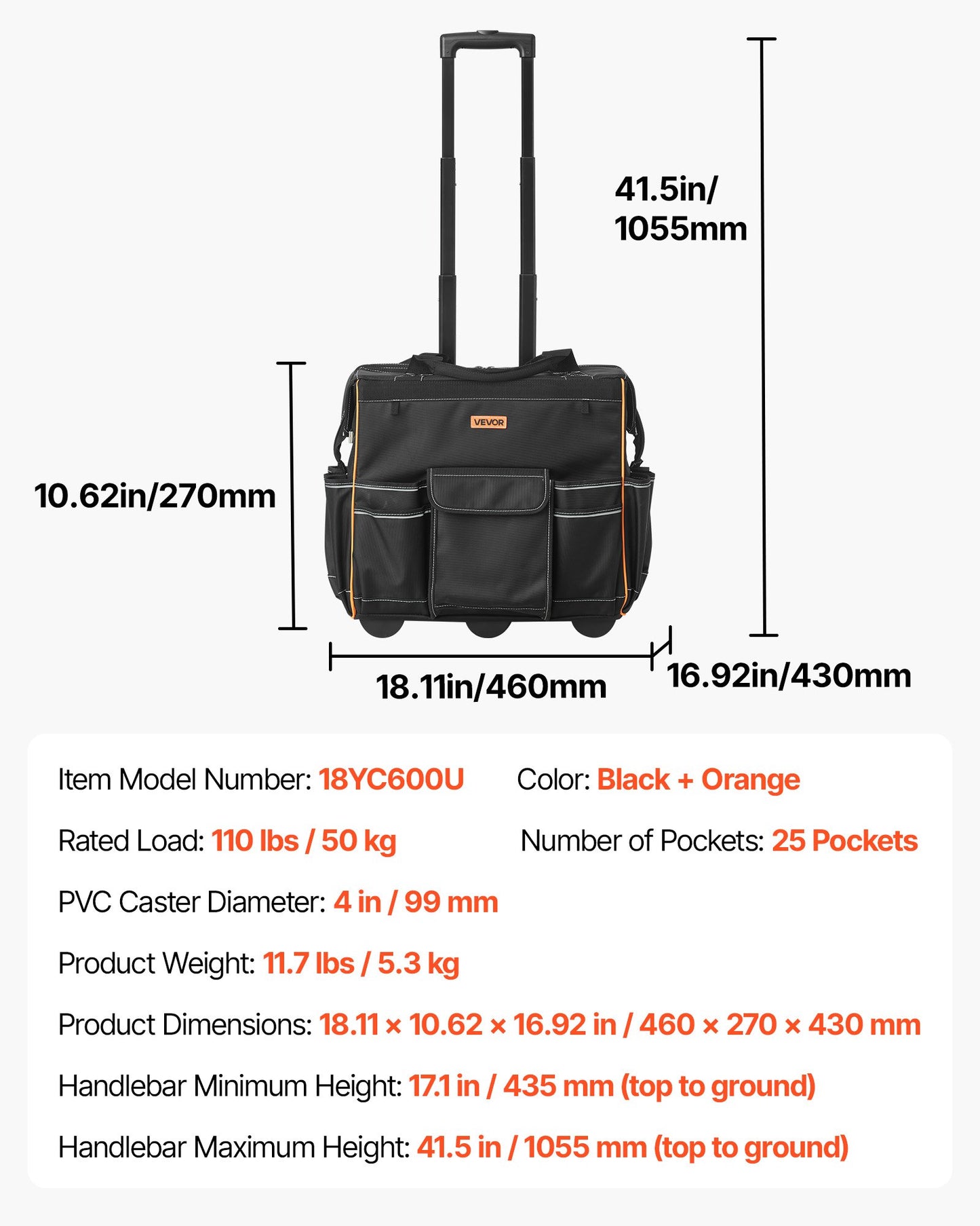 Rolling Tool Bag, 110 lbs Load Capacity, 25 Pockets Heavy Duty Roller Tool Bag with Adjustable Telescoping Handle & Stable Base, Toolbag Organizers with Wheels for Electrician, Construction